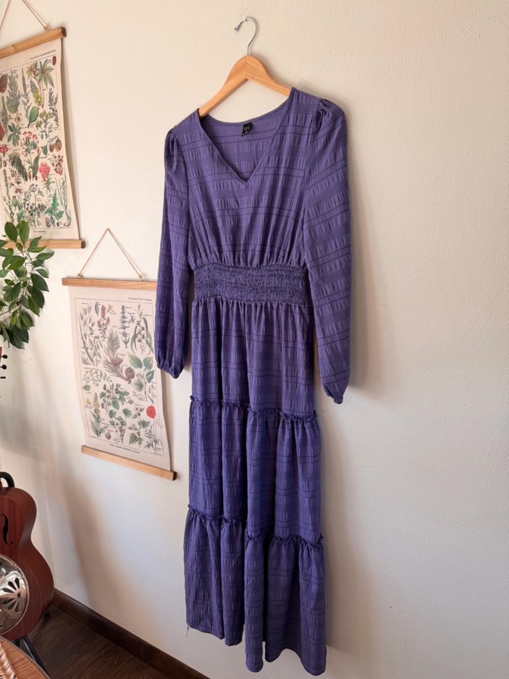 Emery Rose - Medium - Smocked Waist Purple Maxi Dress with V-Neck